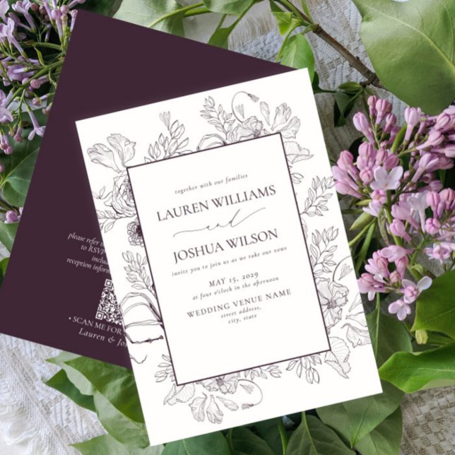 QR Code Elegant Plum Purple Floral Wedding Invitation (Creator Uploaded)
