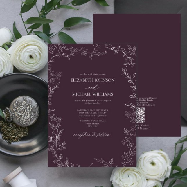 QR Code Elegant Plum Purple Minimal Leaf Wedding Invitation (Creator Uploaded)
