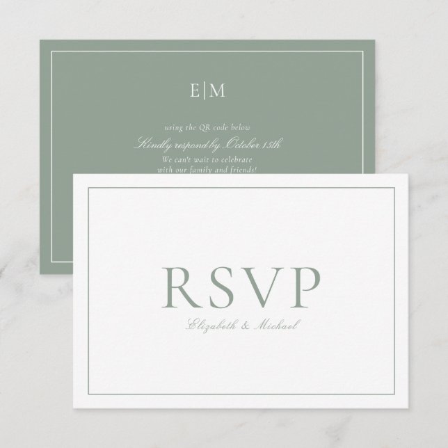 QR Code Elegant Sage Green Monogram Wedding RSVP Card (Front/Back)