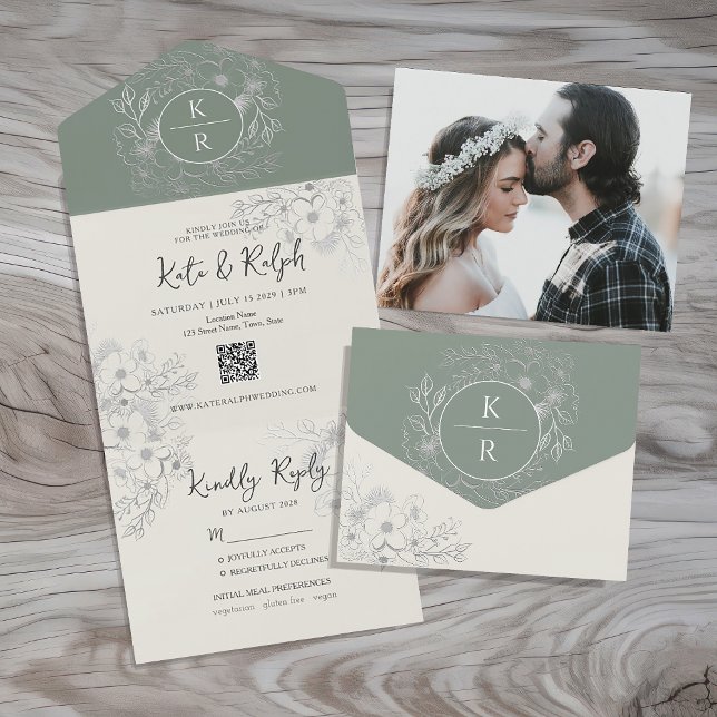 QR Code Elegant Sage Green Wedding All In One Invitation (Creator Uploaded)