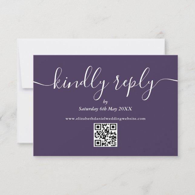 QR Code Elegant Script Kindly Reply Purple RSVP Card (Front)