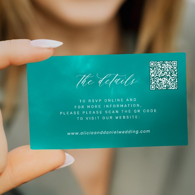 QR CODE elegant summer wedding details teal Enclosure Card (Creator Uploaded)
