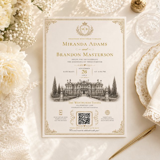 QR Code Elegant Vintage Old Money Wedding Invitation (Creator Uploaded)