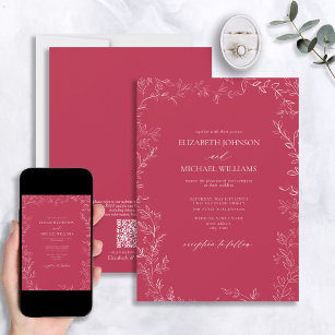QR Code Elegant Vivid Magenta Minimal Leaf Wedding Invitation