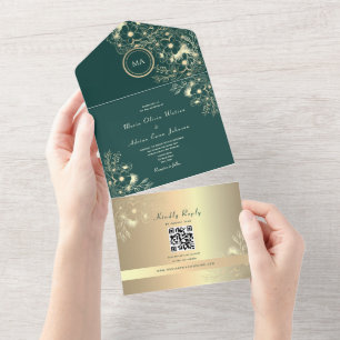 QR Code Emerald Gold Floral Wedding All In One Invitation