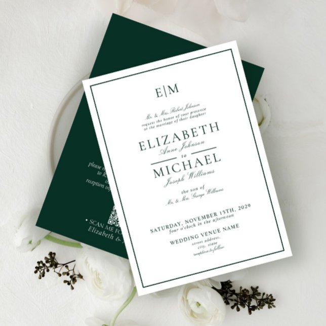 QR Code Emerald Green Classic Monogram Wedding Invitation (Creator Uploaded)