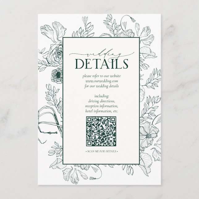 QR Code Emerald Green Floral Wedding Details Enclosure Card (Front)