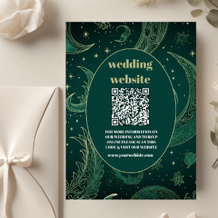 qr code Emerald Green Gold Celestial  Wedding Enclosure Card