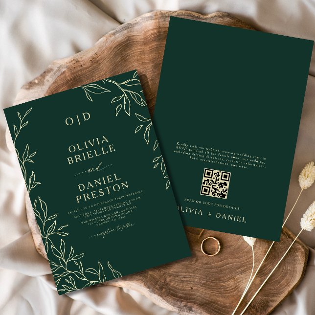 QR Code Emerald Green Gold Monogram Leaf Wedding Invitation (Creator Uploaded)