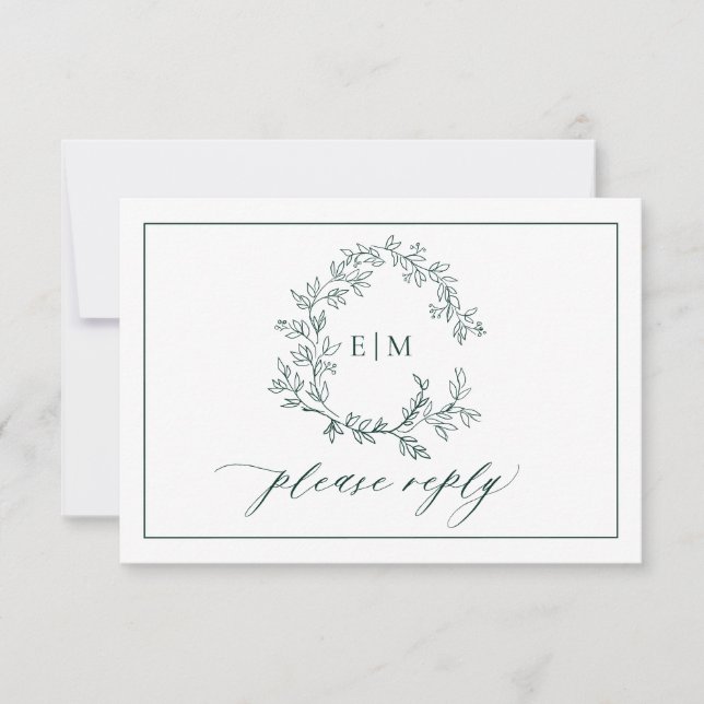 QR Code Emerald Green Leafy Crest Monogram Wedding RSVP Card (Front)