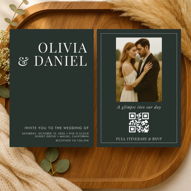 QR Code Emerald Green Minimalist Photo Wedding Invitation (Creator Uploaded)