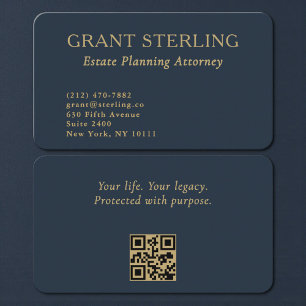 QR Code Estate Planning Attorney Navy Blue Gold  Business Card