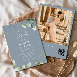QR Code Eucalyptus Dusty Blue Photo Wedding Invitation