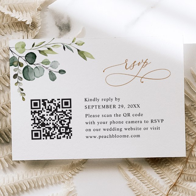 Qr Code Eucalyptus Greenery Gold Wedding RSVP Card (Creator Uploaded)