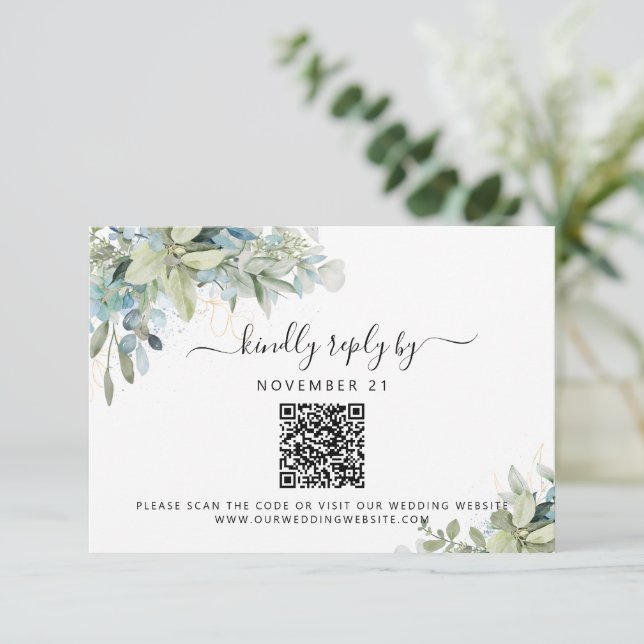 QR Code Eucalyptus Greenery Wedding RSVP Card (Standing Front)
