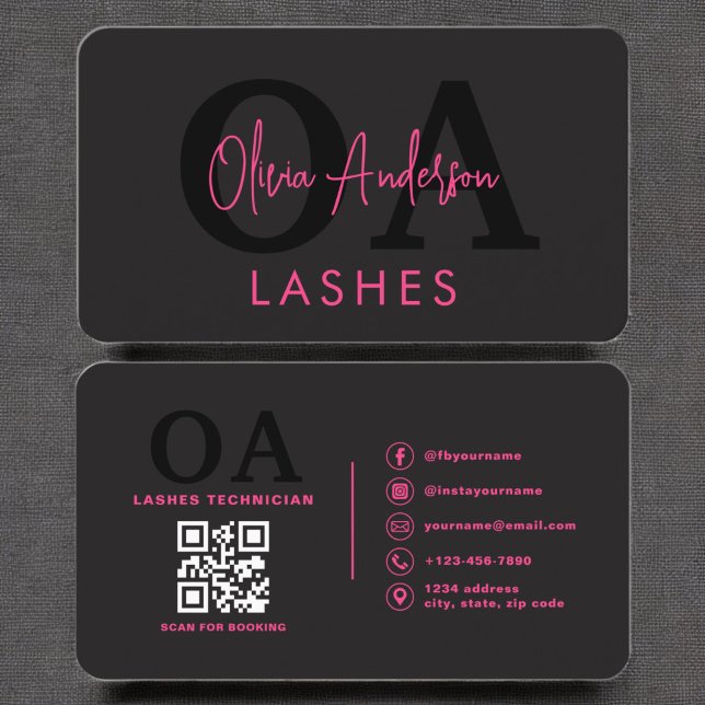 QR Code Eye Lashes Technician Hot Pink Black Business Card (Creator Uploaded)