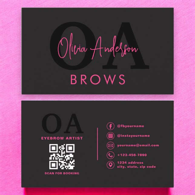 QR Code Eyebrows Brows Artist Hot Pink Black Business Card (Creator Uploaded)