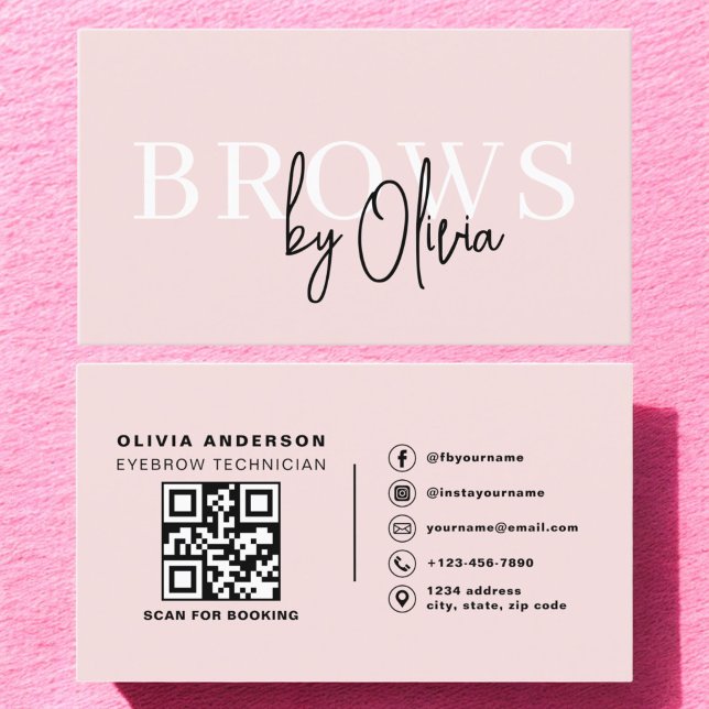 QR Code Eyebrows Brows Technician Blush Pink Business Card (Creator Uploaded)