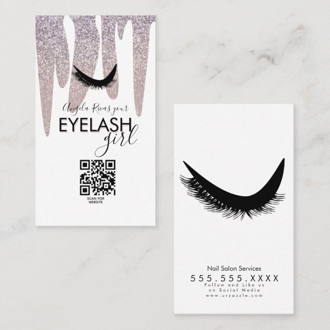 QR CODE Eyelash Girly Pink Glitter Dripping  Business Card (Front/Back)