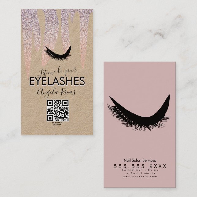 QR CODE Eyelashes Pink Glitter Dripping Rustic  B Business Card (Front/Back)