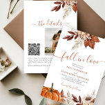 QR code Fall in Love botanical pumpkin wedding Invitation<br><div class="desc">Modern rustic watercolor botanical flowers,  pumpkin,  foliage,  and dried leaves making a chic autumn budget all in one wedding invitation with a trendy handwriting calligraphy script and earthy terracotta beige colour palette.                  Personalise it with your photo and QR code to your website or to RSVP online.</div>