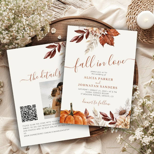 QR code Fall in Love botanical pumpkin wedding Invitation (Creator Uploaded)