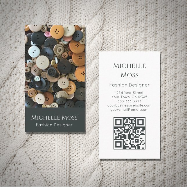 QR code Fashion Clothing Designer Sewing Buttons  Business Card (Creator Uploaded)