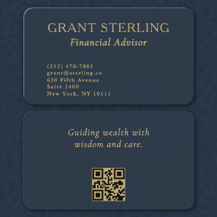 QR Code Financial Advisor Minimal Navy Blue Gold  Business Card