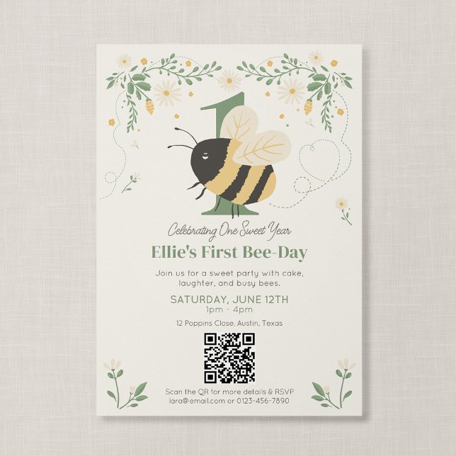 QR Code First Bee Day Storybook Honey Bee Birthday Invitation (Wildflower Flight - First Bee Day Invitation with QR Code)