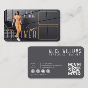 QR Code Fitness Gold & Grey Personal Trainer Photo Business Card
