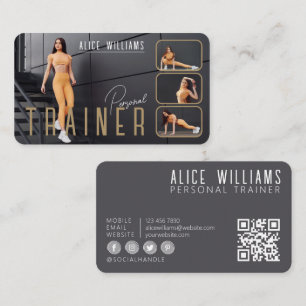 QR Code Fitness Gold & Grey Personal Trainer Photo Business Card