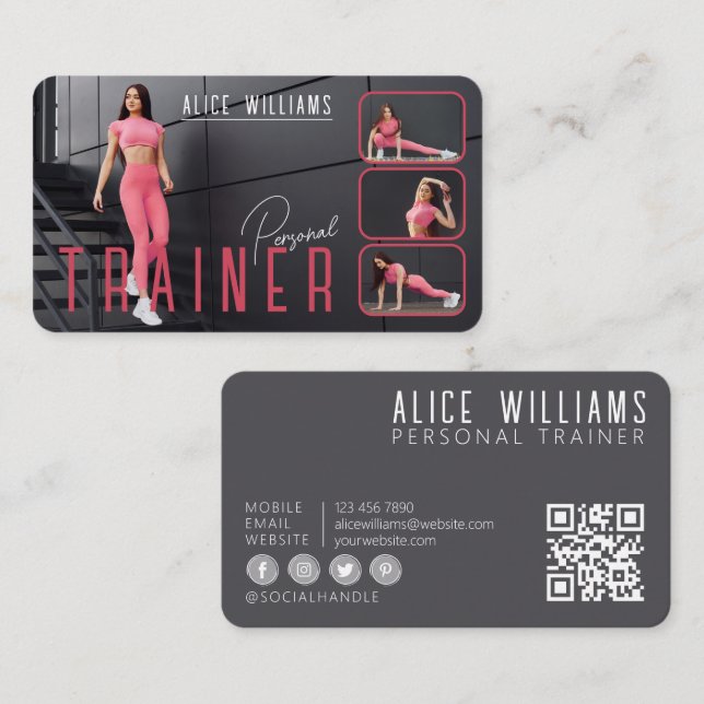 QR Code Fitness Pink & Grey Personal Trainer Photo Business Card (Front/Back)