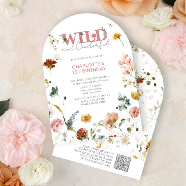 QR Code Floral Pink Wild & Onederful 1st Birthday  Invitation (Creator Uploaded)