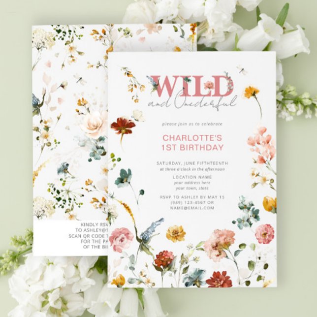 QR Code Floral Pink Wild & Onederful 1st Birthday  Invitation (QR Code 1st Birthday Invitation)