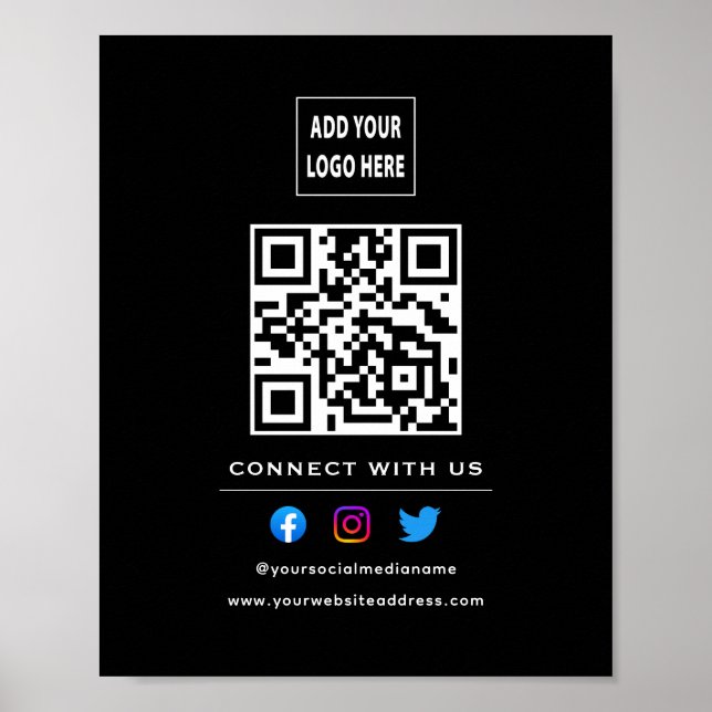 QR Code Follow Scan To Connect With Us Black White Poster (Front)