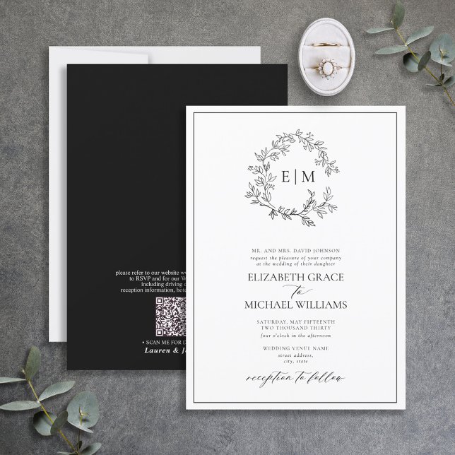 QR Code Formal Black White Leafy Crest Monogram Invitation (Creator Uploaded)