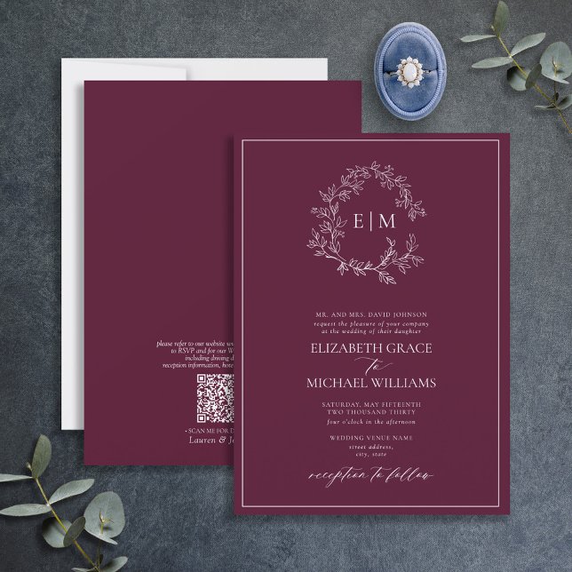QR Code Formal Burgundy Leafy Crest Monogram Invitation (Creator Uploaded)