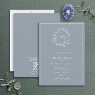 QR Code Formal Dusty Blue Leafy Crest Monogram Invitation