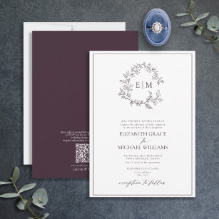 QR Code Formal Plum Purple Leafy Crest Monogram Invitation