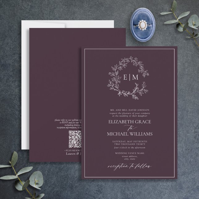 QR Code Formal Plum Purple Leafy Crest Monogram Invitation (Creator Uploaded)