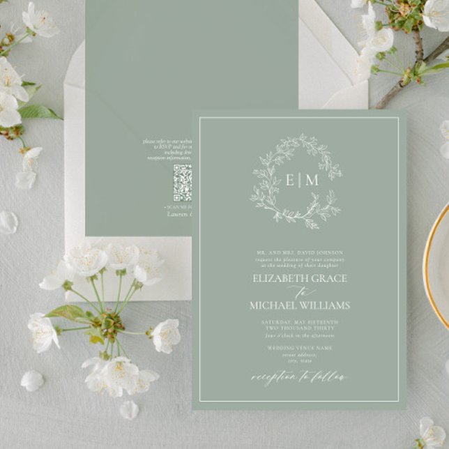 QR Code Formal Sage Green Leafy Crest Monogram Invitation (Creator Uploaded)