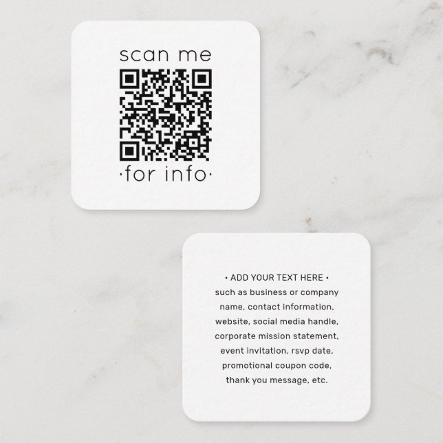 QR Code Generator Modern Minimalist White Scan Me Square Business Card (Front/Back)