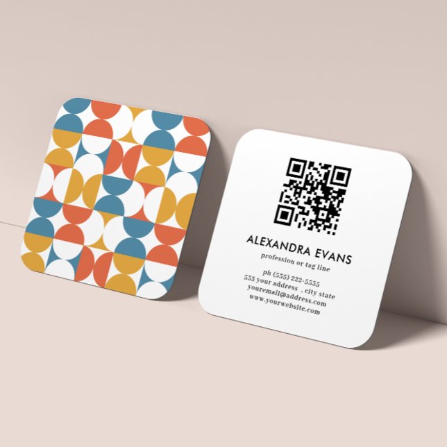 QR CODE Geometric blue orange yellow MID CENTURY  Square Business Card (ELEGANT QR CODE ONE SIDED BUSINESS CARD WITH GEOMETRIC RETRO GROOVY PATTERN BLUE ORANGE YELLOW. GIRL)
