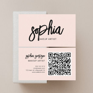 QR Code Girly Brush Calligraphy Blush Pink Business Card