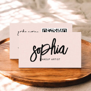 QR Code Girly Brush Calligraphy Blush Pink Business Card