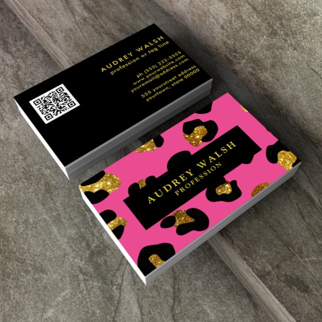 QR CODE Glam Glitter Gold Fuchsia Leopard print  Business Card (Creator Uploaded)