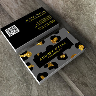 QR CODE Glam Glitter Gold Grey Leopard print Luxe Business Card