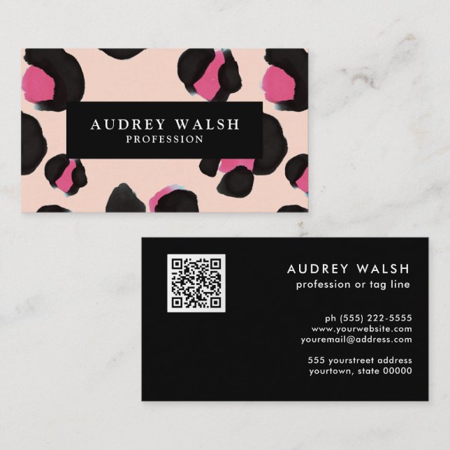 QR CODE Glam Pink Black BLUSH Leopard print   Business Card (Front/Back)