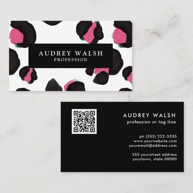 QR CODE Glam Pink Black White Leopard print  Business Card (Front/Back)