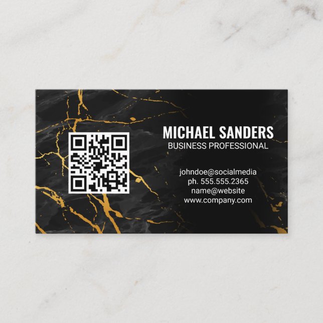 QR Code | Gold Black Marble Business Card (Front)